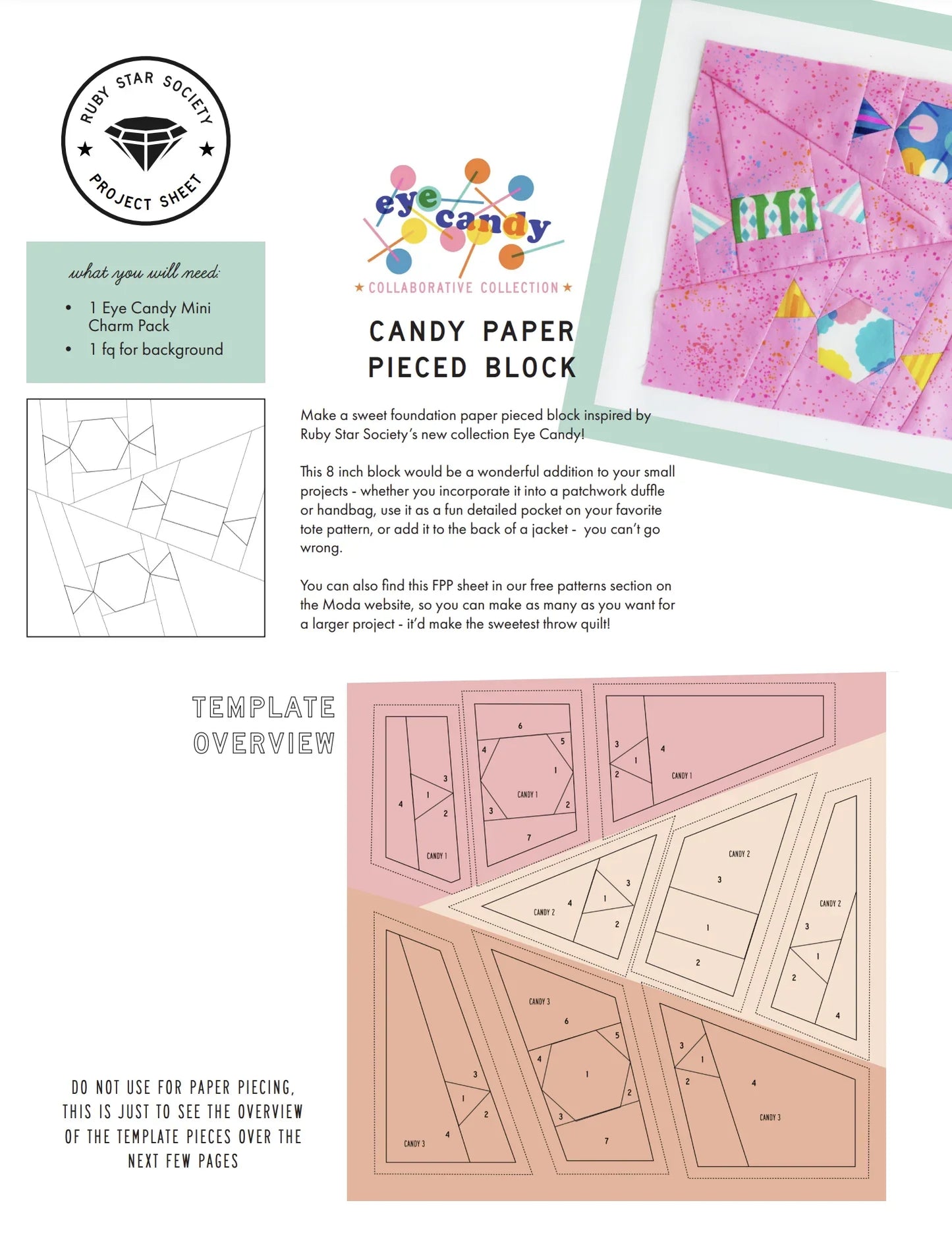 Candy paper piecing pattern sheet with foundation templates and instruction text layout