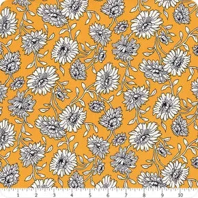 Cotton fabric yardage with orange background and small white daisy floral print