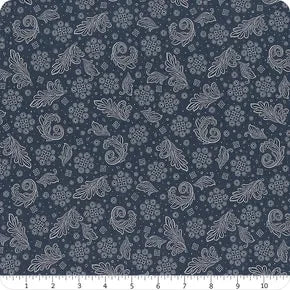 Navy scarf fabric with small light leaf and swirl pattern