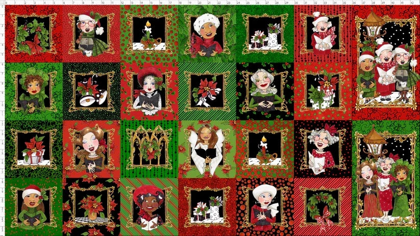 Christmas Song fabric panel with green backdrop, red framed squares of Santa and elves