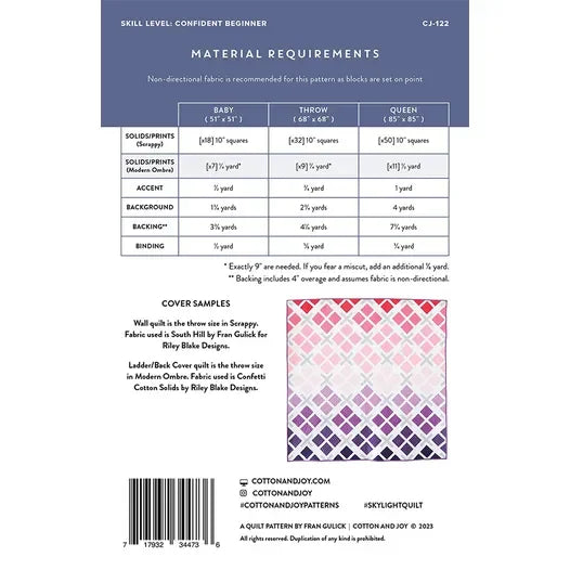 Quilt pattern instruction page with material requirements and small cover sample