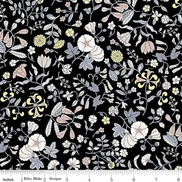Floral print fabric with wildflowers and leaves on a dark background, multicolor accents