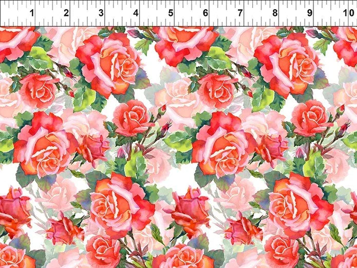 Roses decoupage fabric with red and pink rose blooms and green leaves on light ground