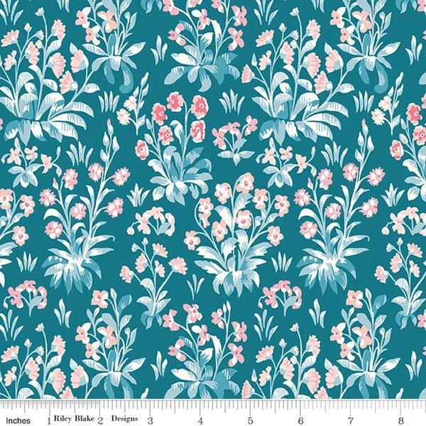 Botanical cotton fabric with pale blue leaves and pink floral sprigs pattern