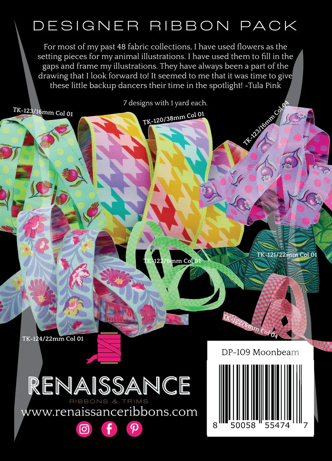 Designer ribbon pack with multicolor patterned ribbons and DP-109 Moonbeam label