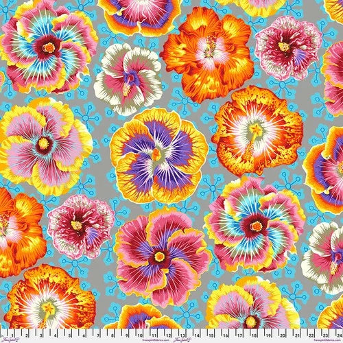 Grey fabric with colorful hibiscus floral print, repeating large flowers and blossoms