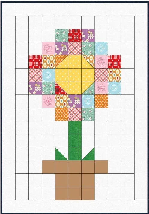 Flower pot patchwork block pattern on a grid with multicolor squares and green leaves