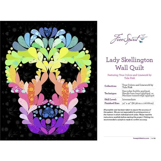 Lady Skellington wall quilt pattern with colorful tree silhouette and applique leaves
