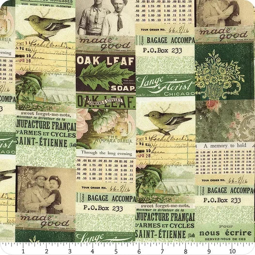 Green collage fabric yardage with botanical leaves, birds, and vintage text.