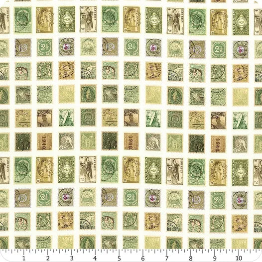 Green vintage postage stamp pattern fabric yardage, small printed icons repeat