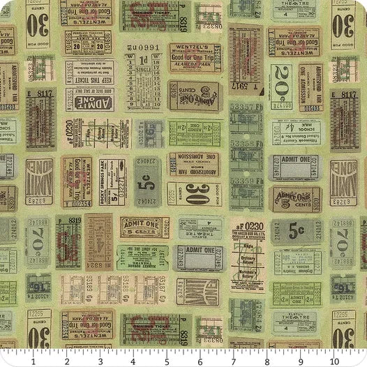 Green fabric yardage with vintage ticket and pass print pattern, scattered numerals