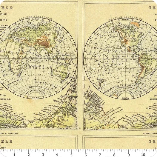 Green map print fabric yardage with two globe circles, ruler scale, decorative cartography.