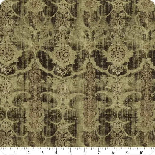 Green tapestry fabric yardage with repeating ornate medallion pattern