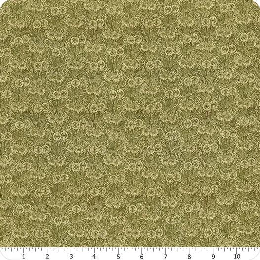 Green fabric yardage with tiny white floral lace-like pattern, allover print