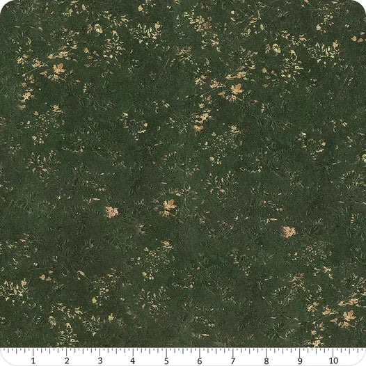 Green vintage cotton fabric yardage with scattered gold-toned speckle pattern