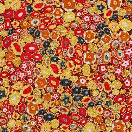 Multicolor abstract circle printed fabric with red, gold, black and cream details