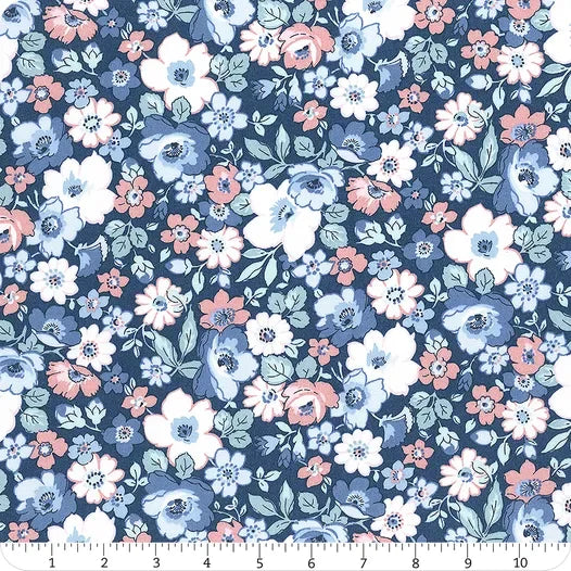Floral cotton fabric with white, pink, and light-blue flowers on dark blue