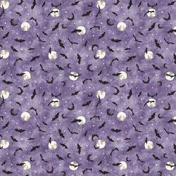 Lilac fabric with scattered bat silhouettes and small moon/star motifs, sold by the half yard