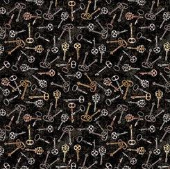 Steampunk keys and gears patterned fabric, dark background, repeating key icons
