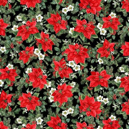 Christmas flower fabric: red poinsettias with metallic specks on dark background