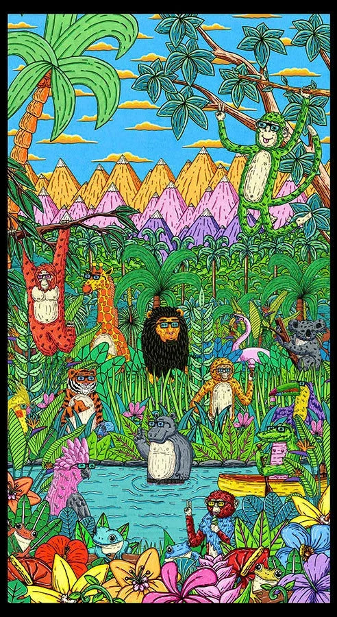 Jungle-themed fabric panel with monkeys, elephants, a small river, and mountains