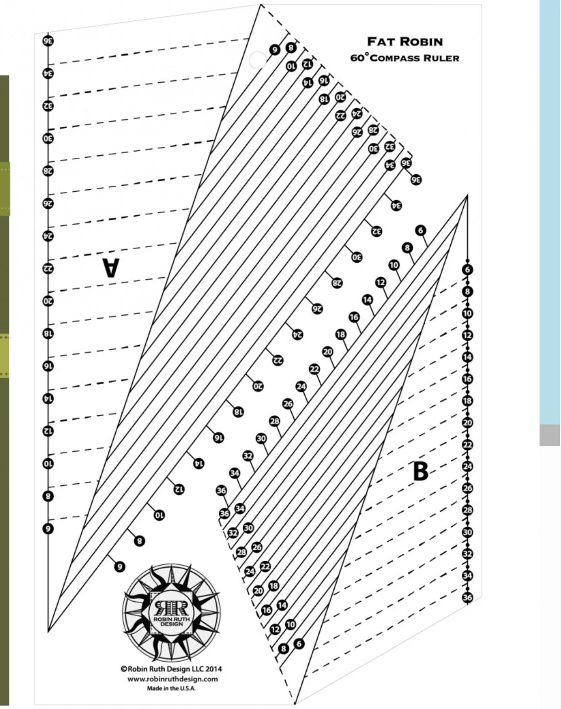 Fat Robin 60° mariner’s compass ruler template sheet with labeled A, B, and V