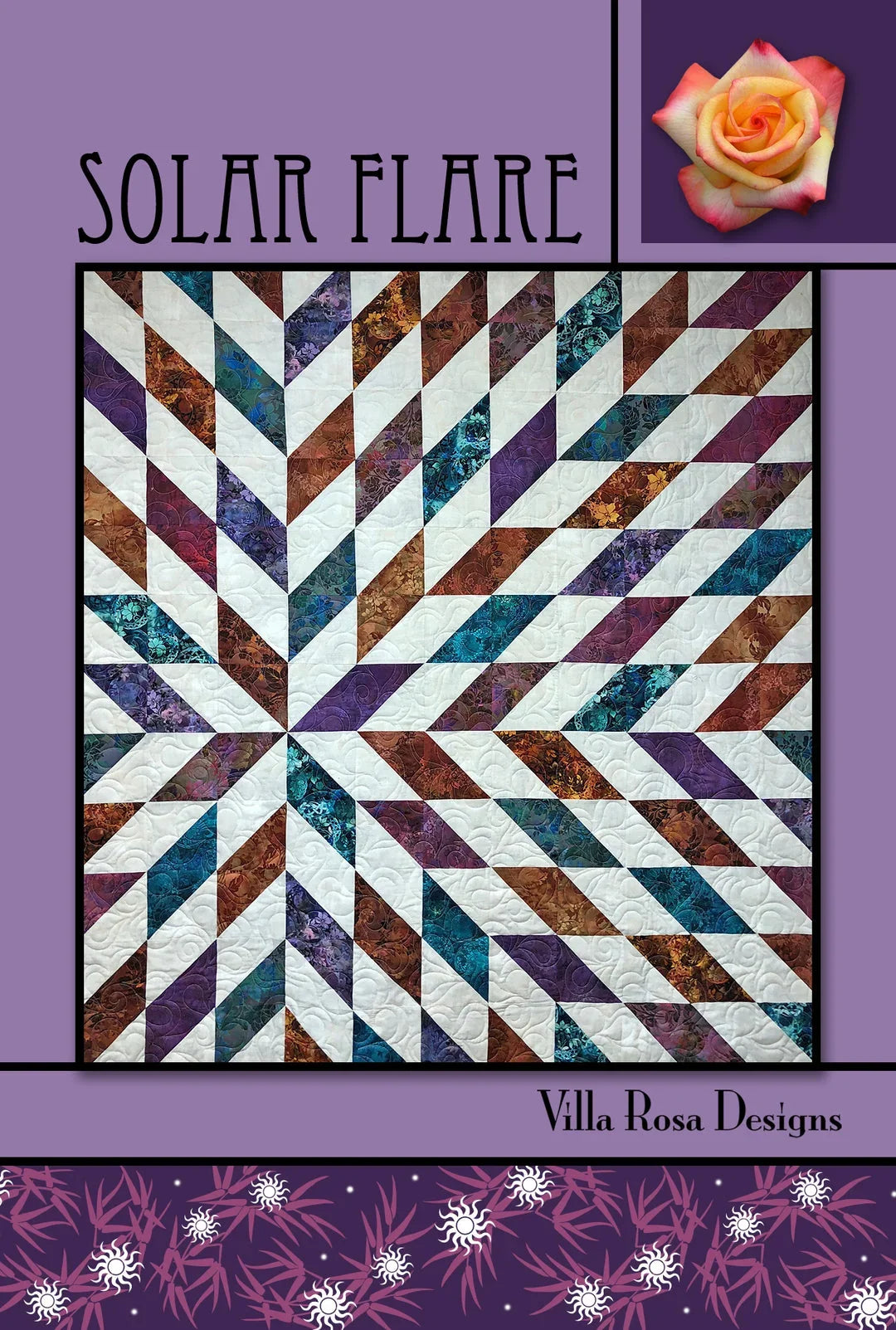 Solar Flare quilt pattern with starburst chevron blocks in blue, teal, brown, and white