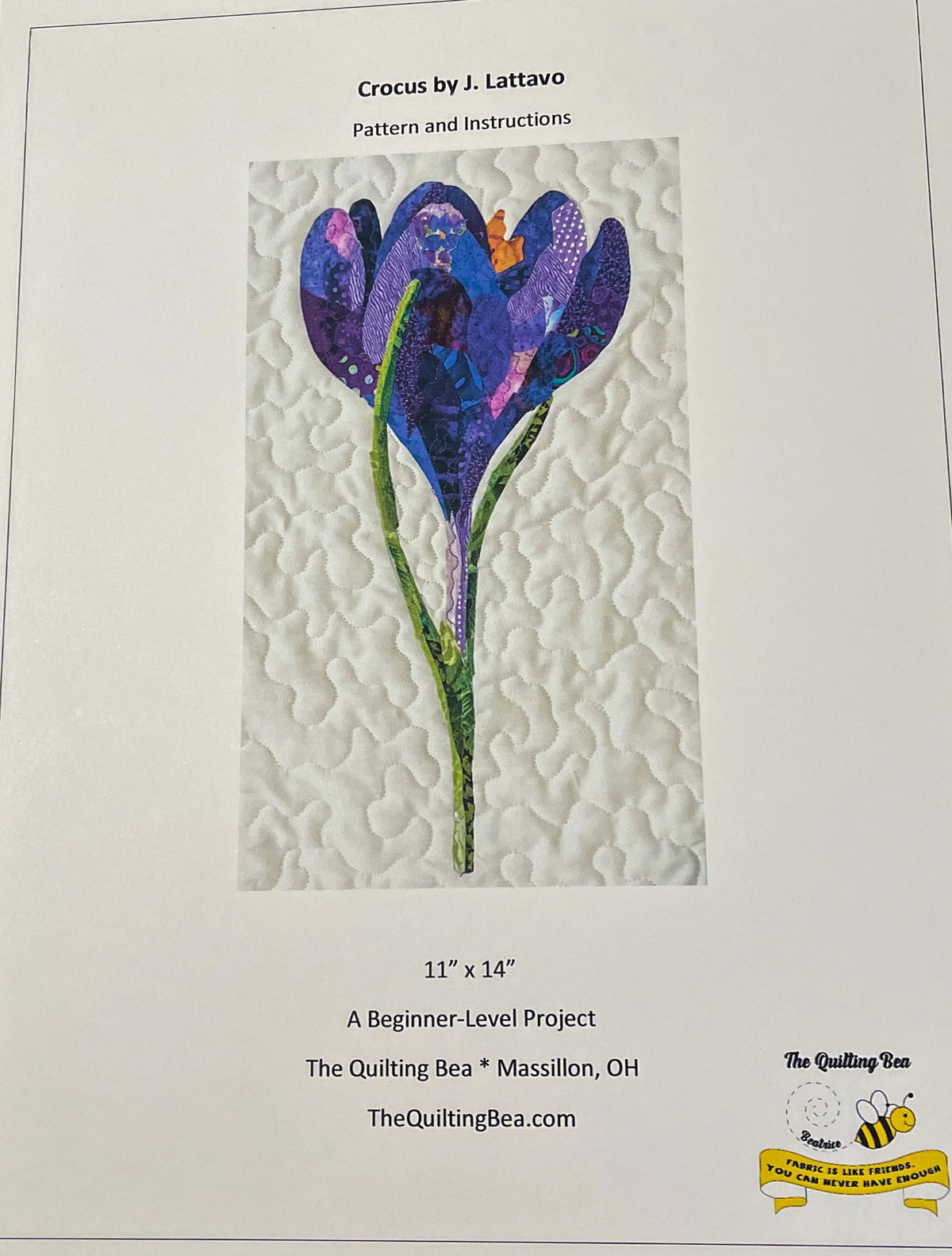 Crocus quilt pattern and instructions sheet with purple flower applique design