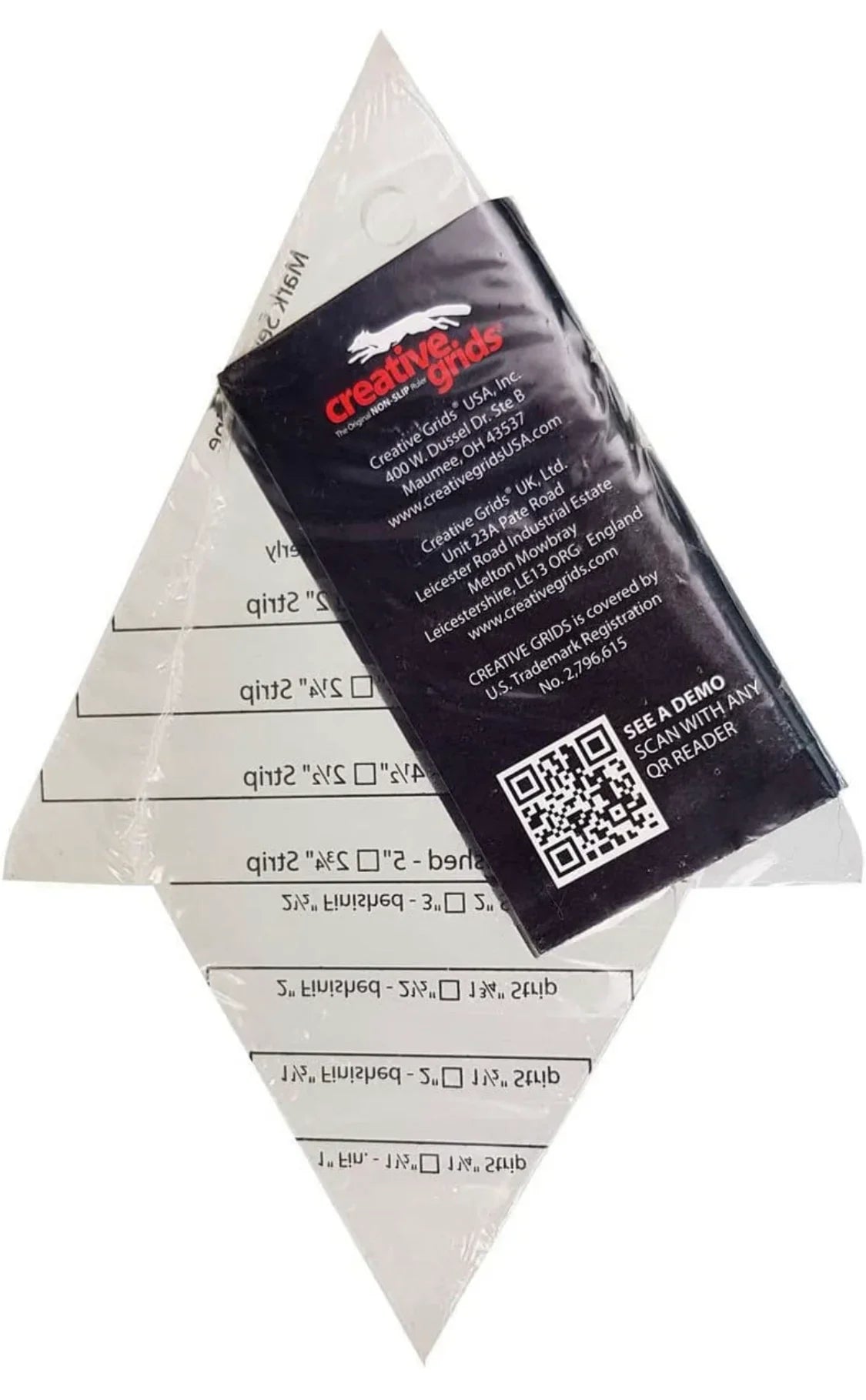 Creative Grids Strippy Stars quilt ruler, clear acrylic triangle with measurement markings
