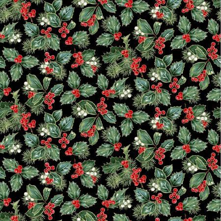 Holiday holly and berries fabric pattern with red berries, green leaves, and metallic accents