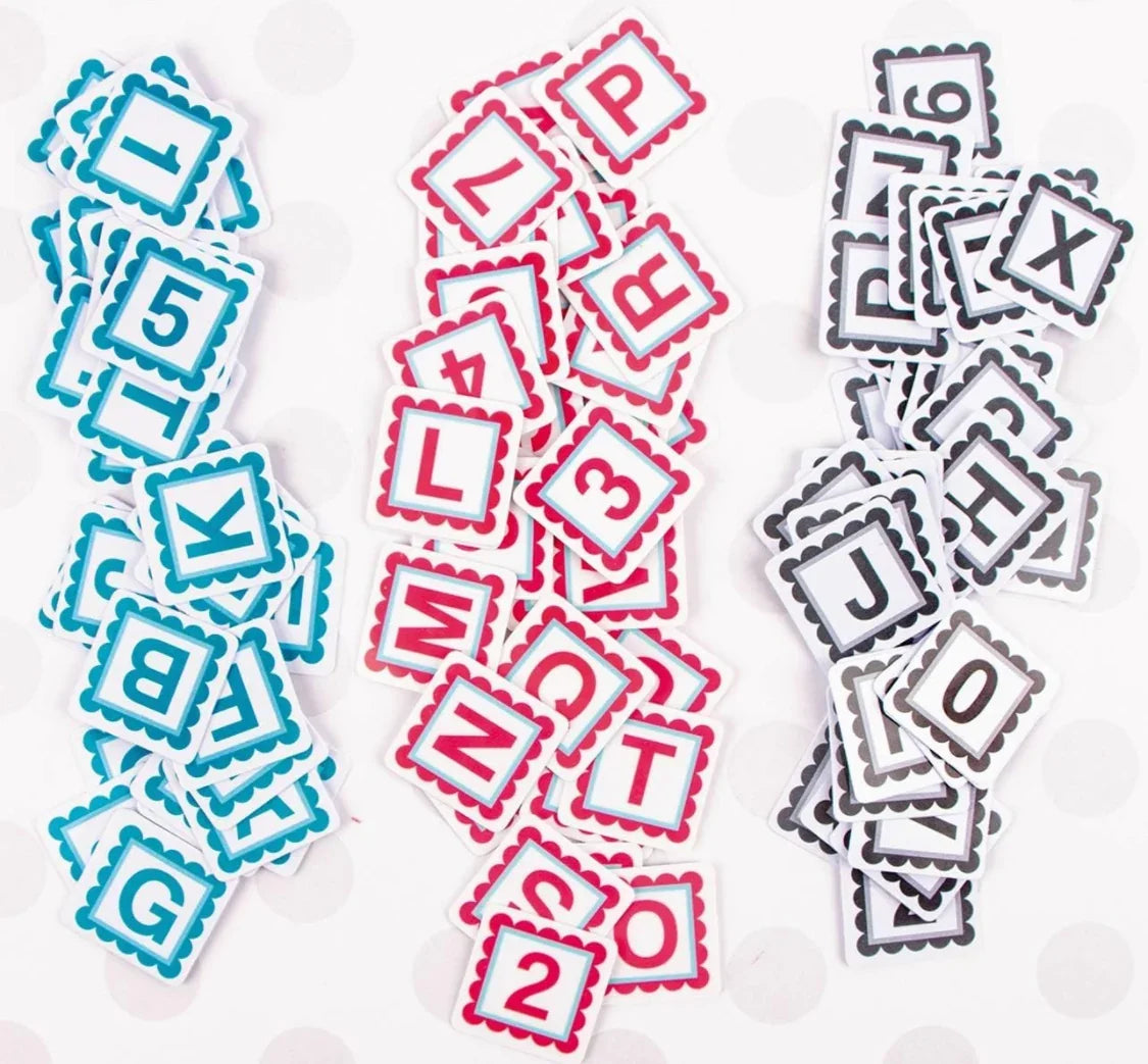 Alphabitties alphabet and number plastic squares in blue, red, and black