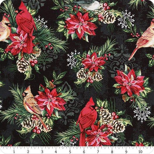 Dark holiday songbirds fabric yardage with red cardinals, poinsettias, pine, berries