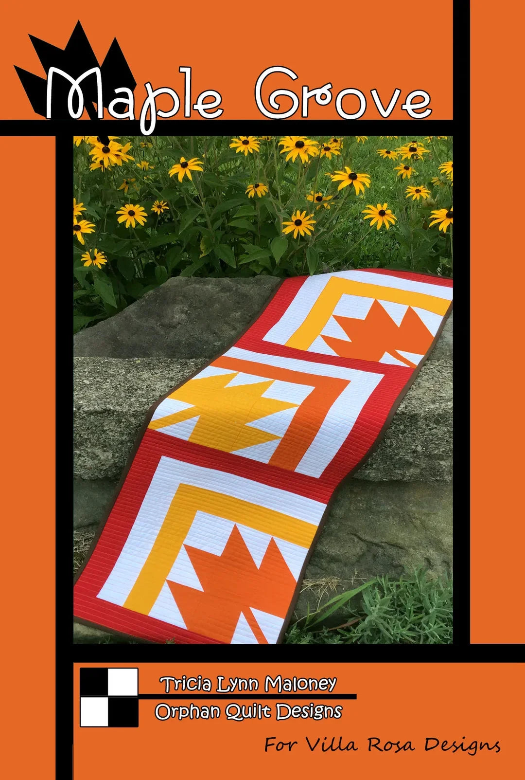 Quilt pattern for Maple Grove with orange, white, and yellow geometric strips