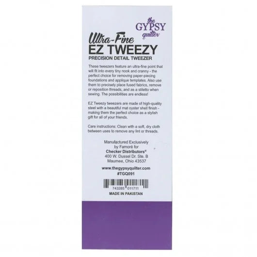 Back of purple precision tweezer retail card with care and specs text