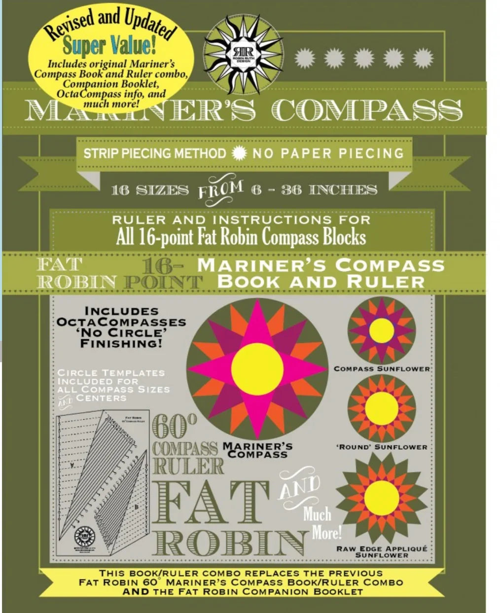 Fat Robin mariner’s compass book and ruler set cover with flower compass pattern circles