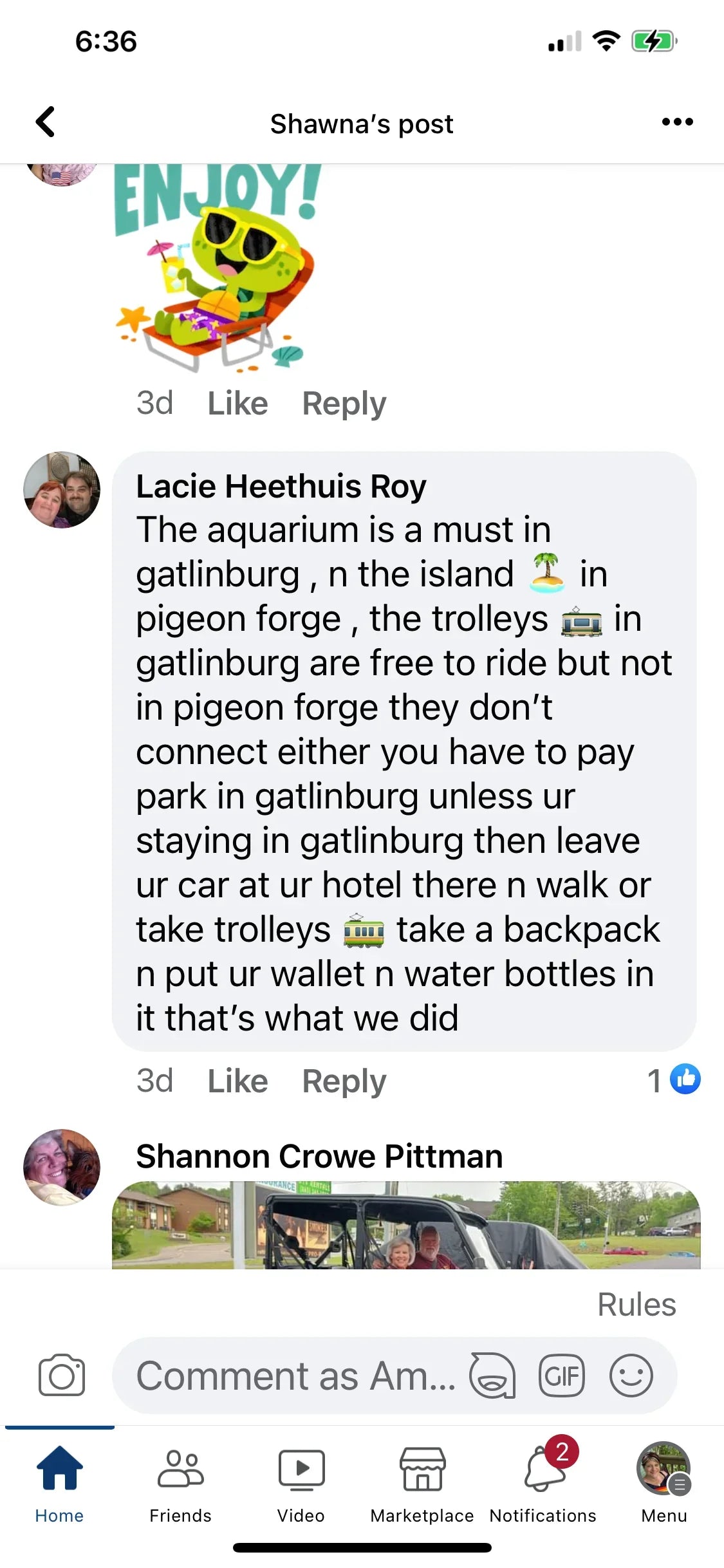 Smartphone comment thread with a teal cartoon icon and a text post