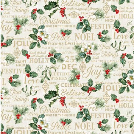 Cream Christmas season greetings wrapping paper with metallic lettering and holly