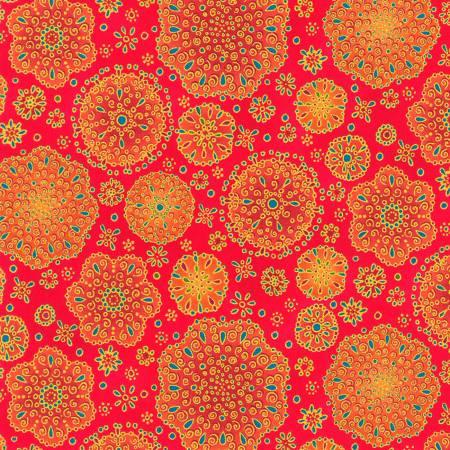 Jeweled leaves fabric with red, green, and gold circular motifs