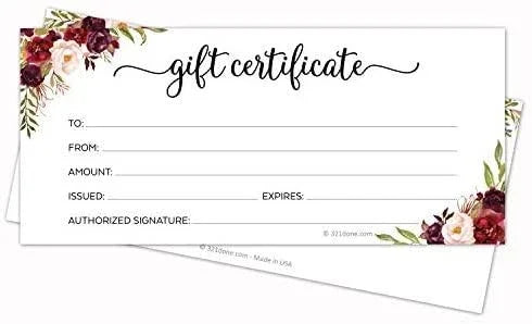 Gift certificate $150 with floral border and blank fields for recipient details