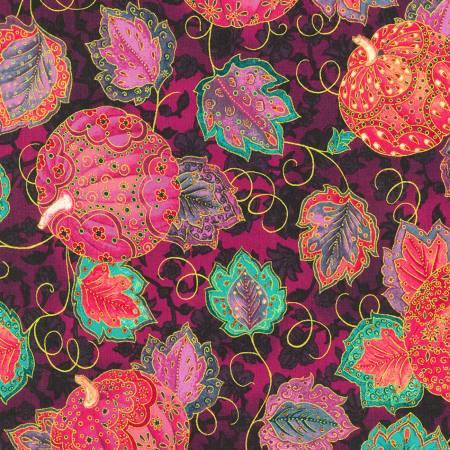 Jeweled leaf print fabric with colorful pink, teal, and gold leaves on dark aubergine