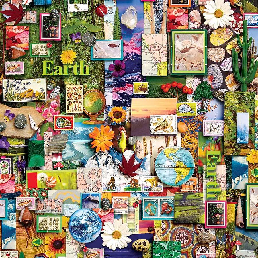 Earth-green patchwork fabric with multicolor prints and botanical motifs