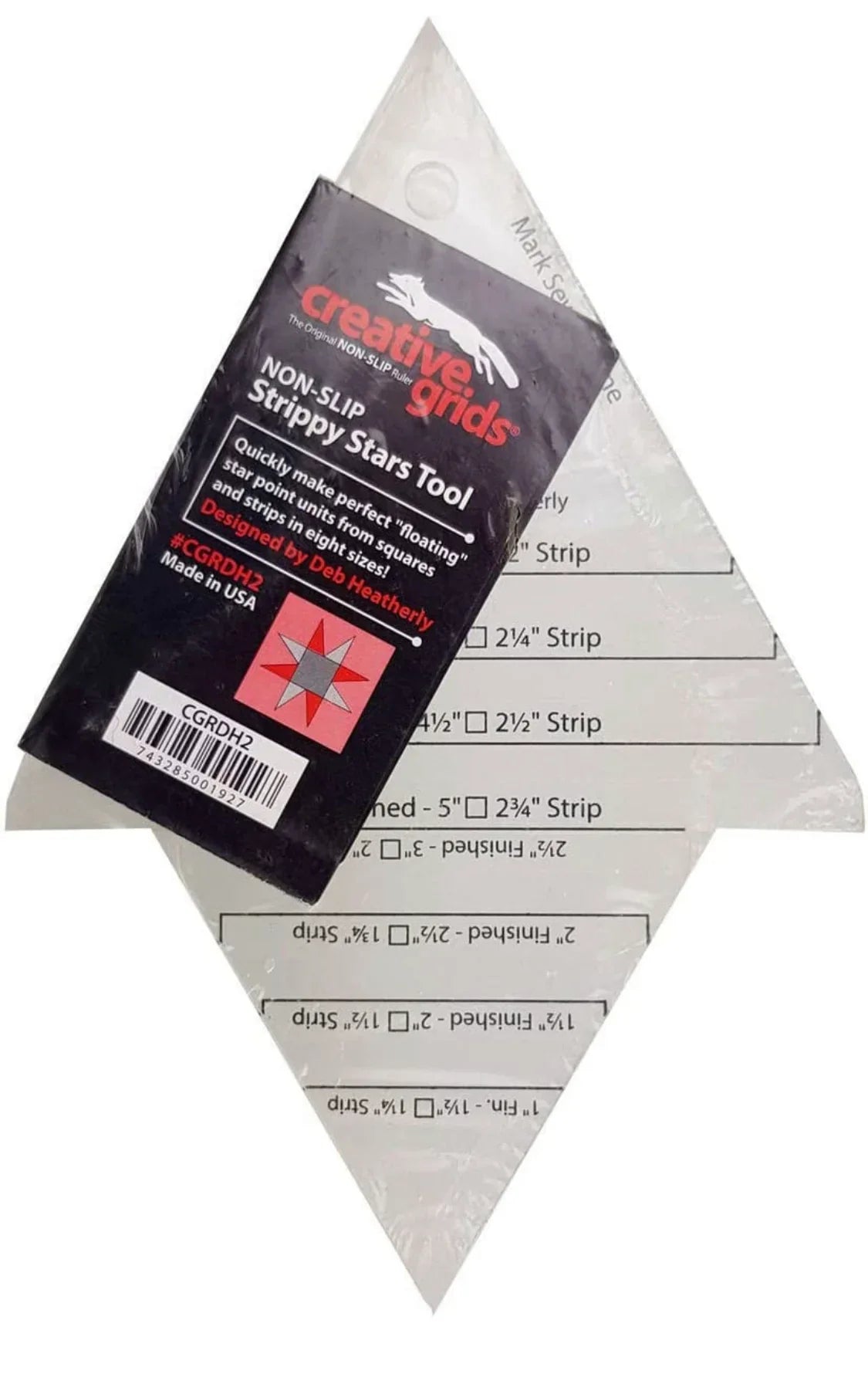 Triangular acrylic quilt ruler tool with non-slip grip and strip measurement lines