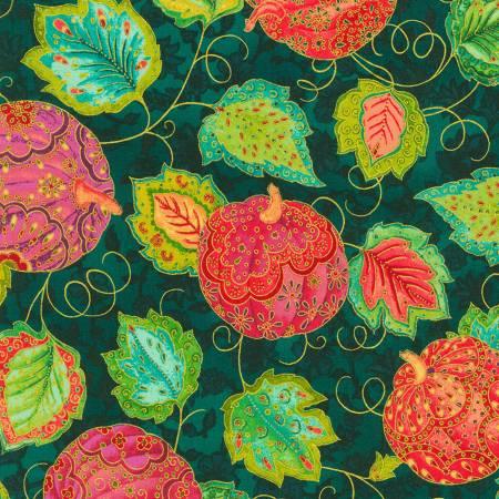 Jeweled leaves teal fabric with colorful leaf and swirl motifs