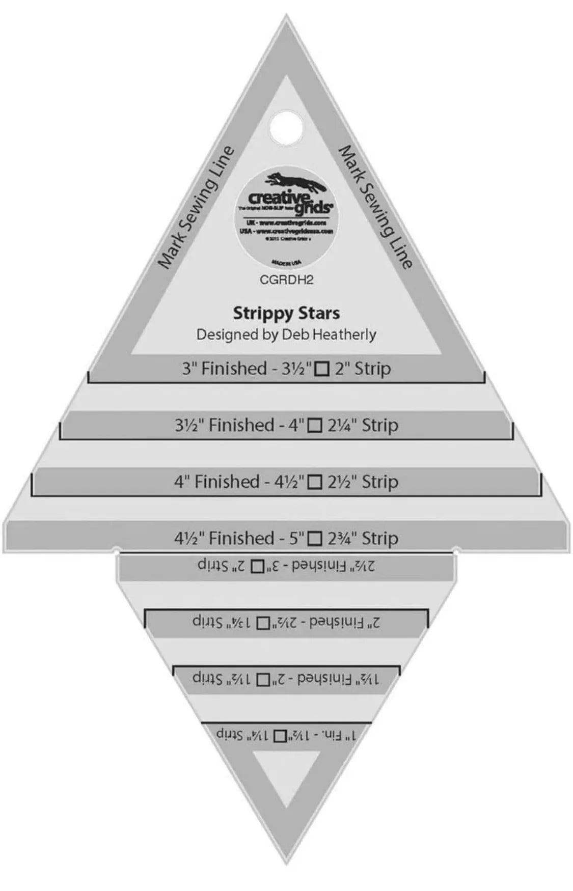 Strippy Stars quilt ruler, gray triangular guide with finished strip size markings