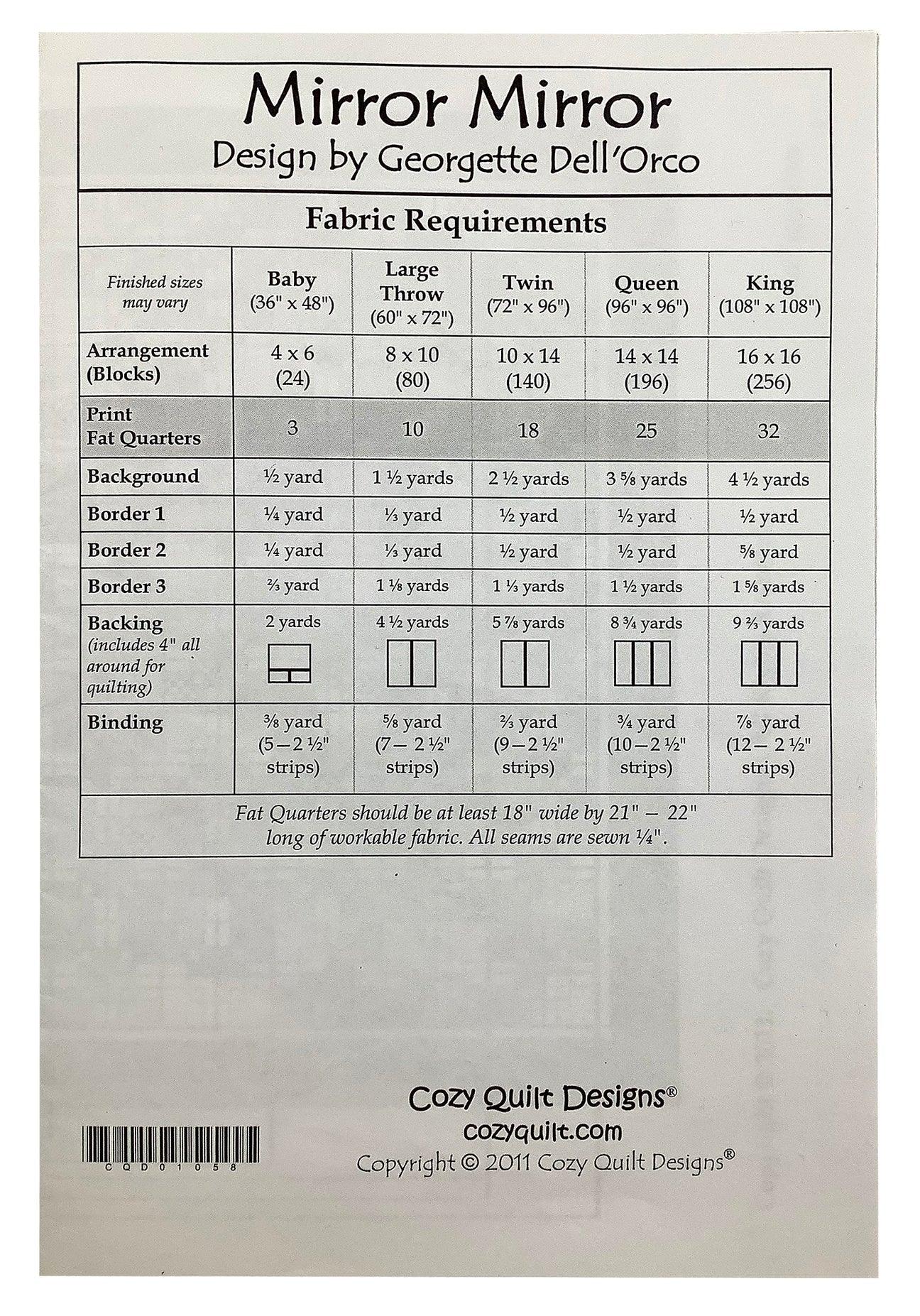 Quilt pattern sheet with fabric requirements and yardage chart for multiple quilt sizes