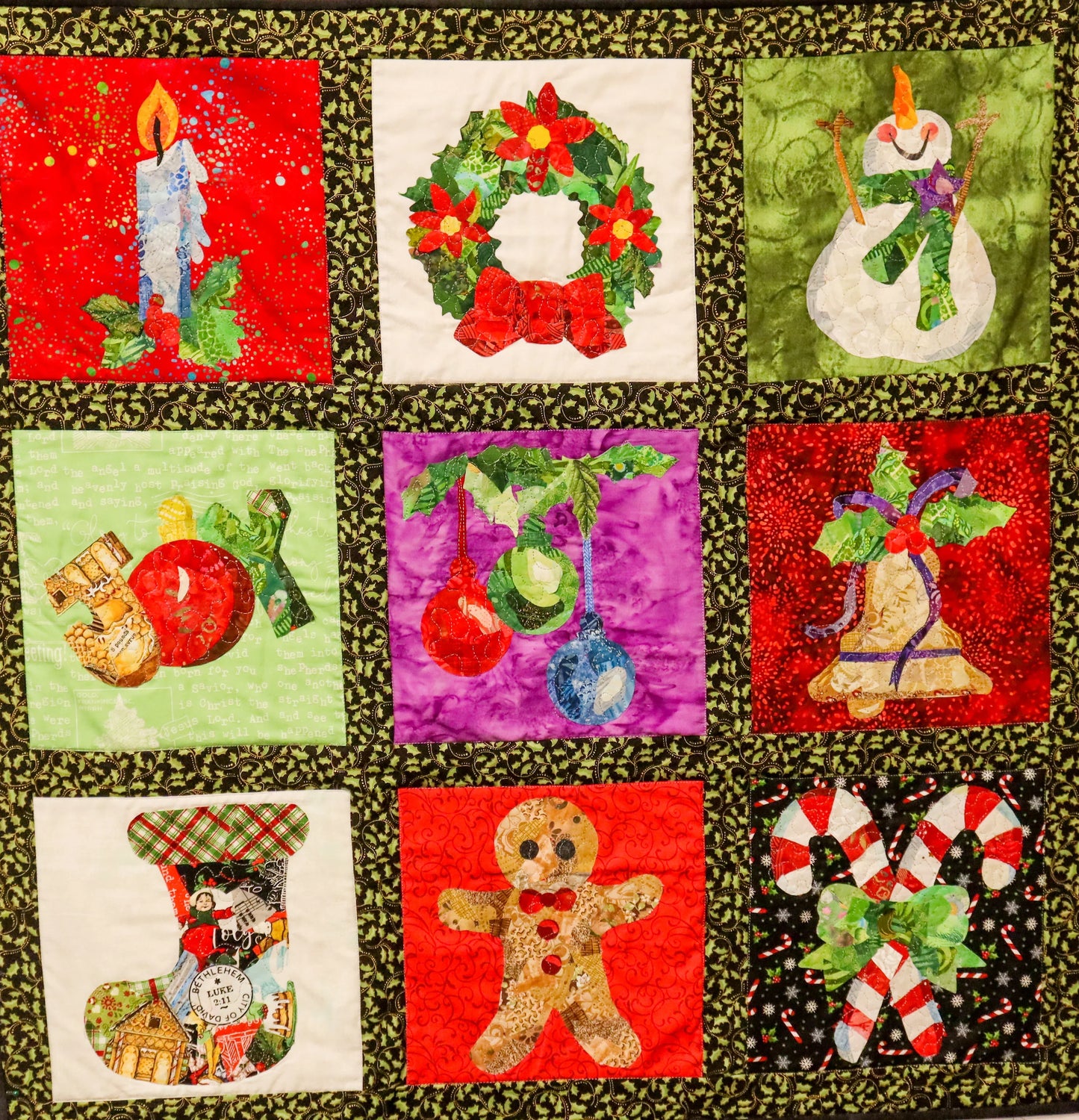 Christmas collage quilt set of nine square blocks with holiday appliques and wreaths