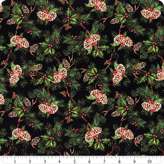 Holiday Greetings Black Holly Tree Yardage SKU# 53606-3 from WindhamFabrics Sold by the Half Yard