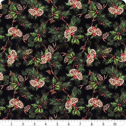 Black holiday print fabric yardage with pine sprigs, red berries, and cream blooms