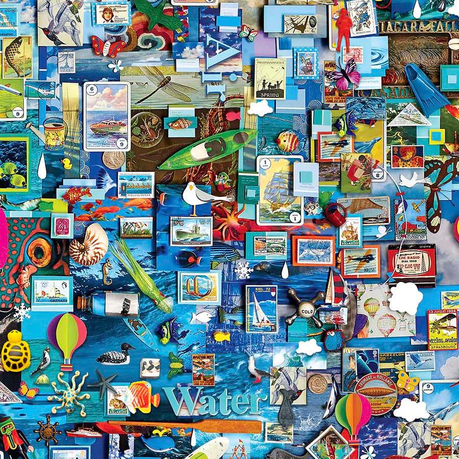 Water-themed fabric panel with sky-and-sea blue collage of postcards and ocean icons