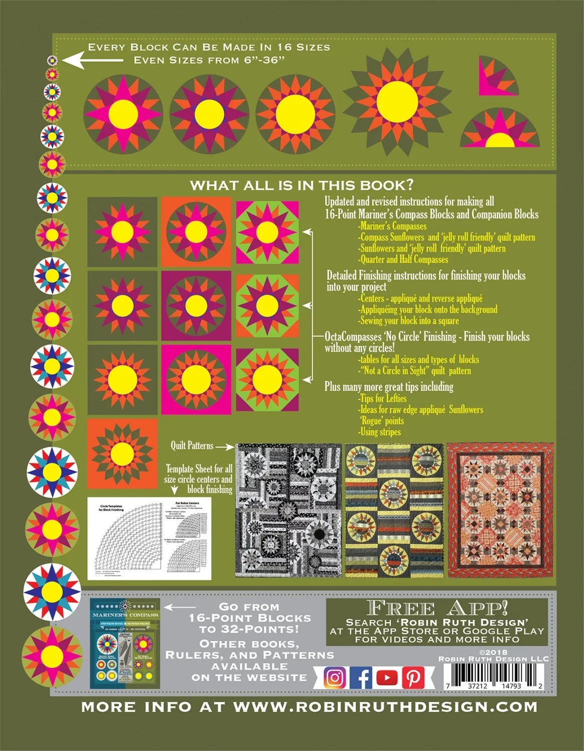 Fat Robin mariner’s compass book and ruler set back cover with block pattern grid and icons
